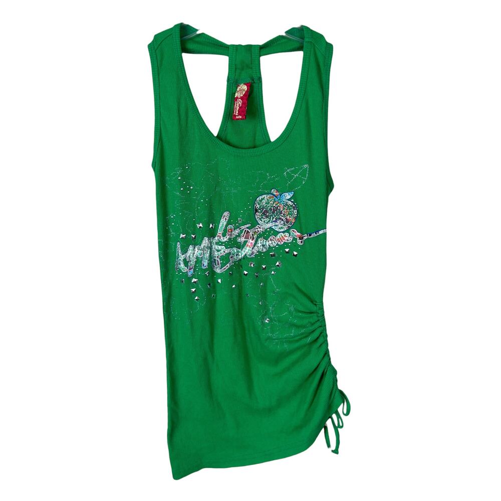 Y2K Apple Bottoms Green Ribbed Logo Embellished Racer Back Ruched Tank Top M - Picture 2 of 6